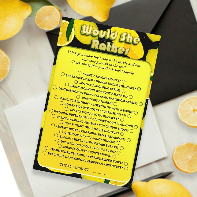 Cute Lemon Bridal Shower Would She Rather Fun Game Flyer (Creator Uploaded)