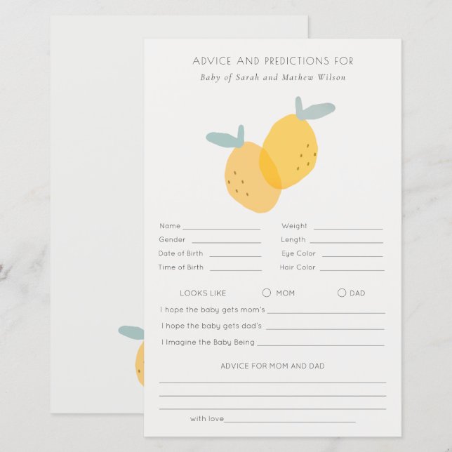 Cute Lemon Citrus Baby Shower Advice Prediction (Front/Back)