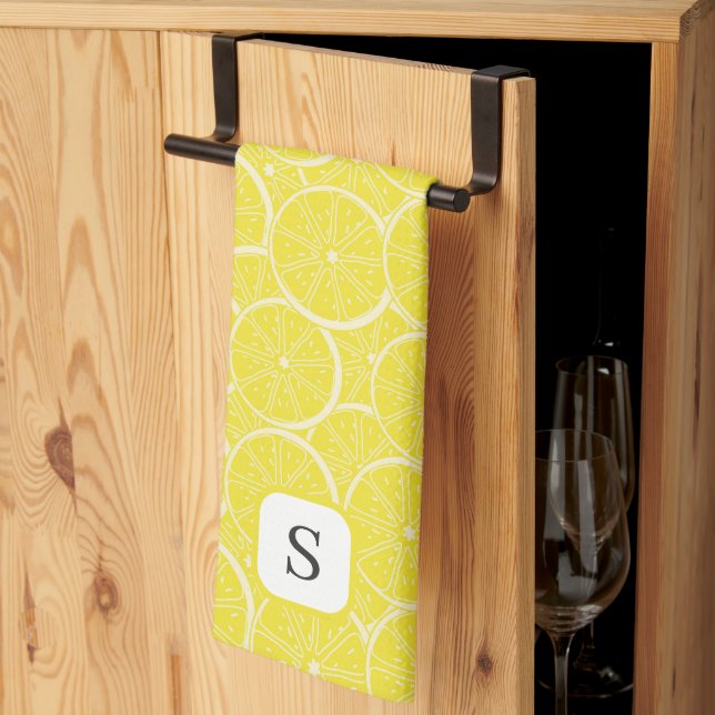 Cute Lemon Citrus Fruit Monogrammed Initial Kitchen Towel (Thirds Fold)