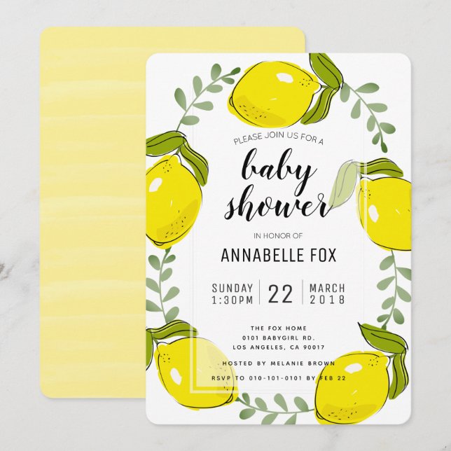Cute Lemon Citrus White Baby Shower Invitation (Front/Back)