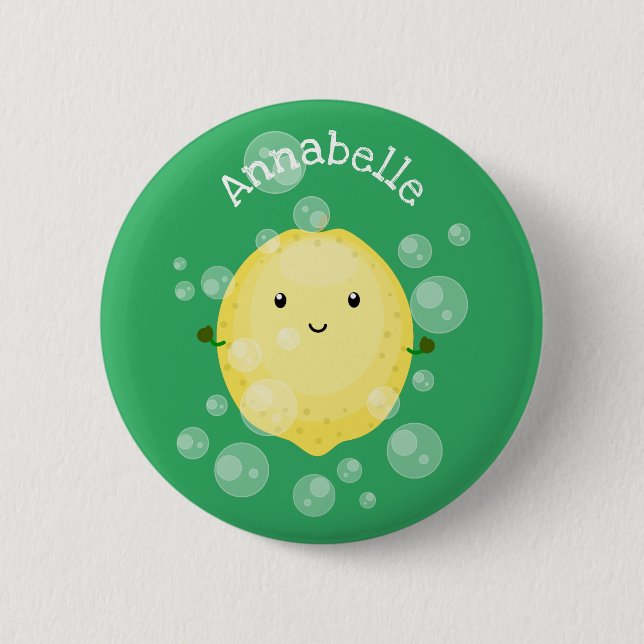 Cute lemon fruit cartoon bubbles illustration 2 inch round button (Front)
