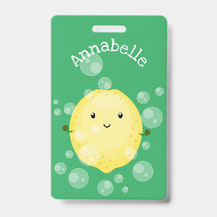 Cute lemon fruit cartoon bubbles illustration badge