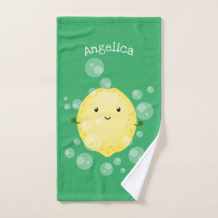 Cute lemon fruit cartoon bubbles illustration bath towel set
