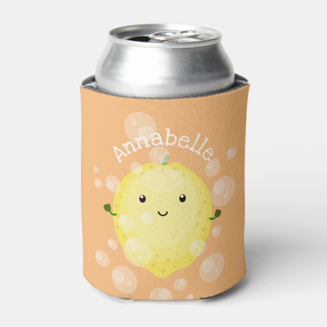 Cute lemon fruit cartoon bubbles illustration can cooler (Can Front)