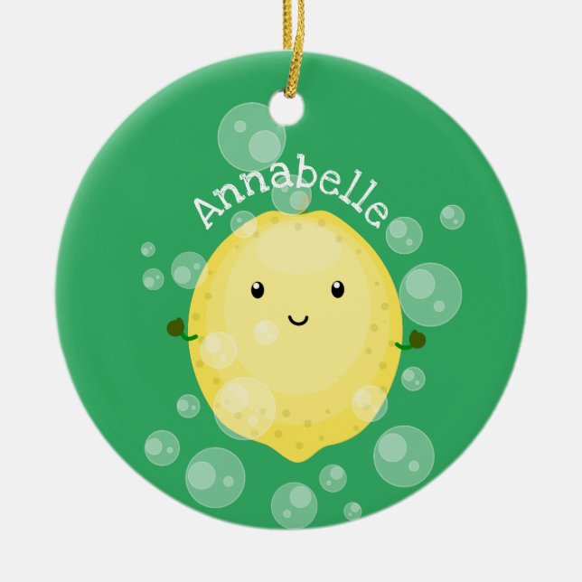 Cute lemon fruit cartoon bubbles illustration ceramic ornament (Front)