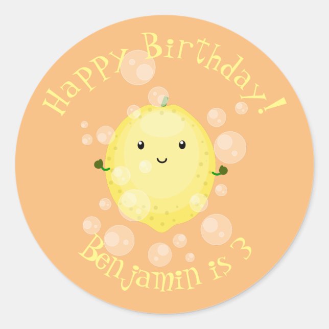 Cute lemon fruit cartoon bubbles illustration classic round sticker (Front)