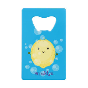 Cute lemon fruit cartoon bubbles illustration credit card bottle opener