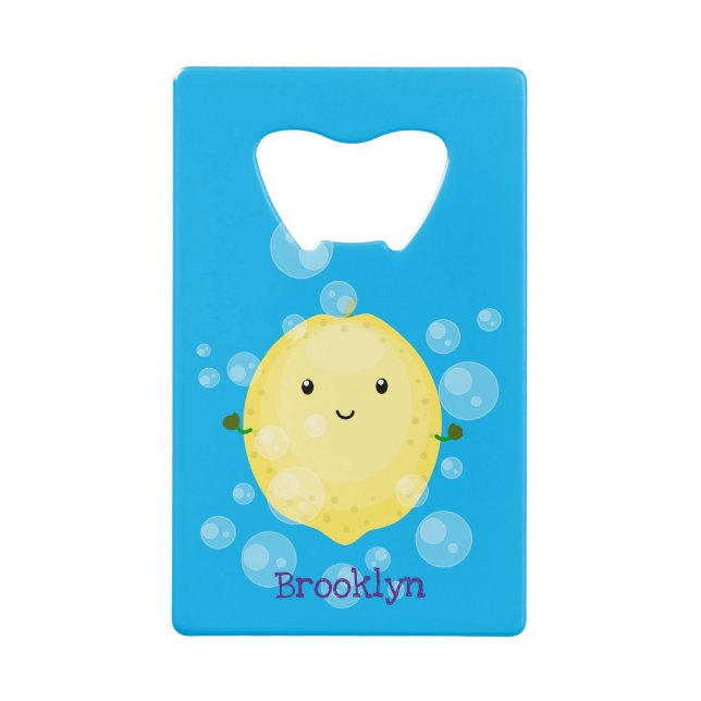 Cute lemon fruit cartoon bubbles illustration credit card bottle opener (Front)