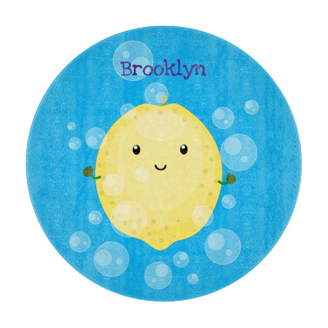 Cute lemon fruit cartoon bubbles illustration cutting board (Front)