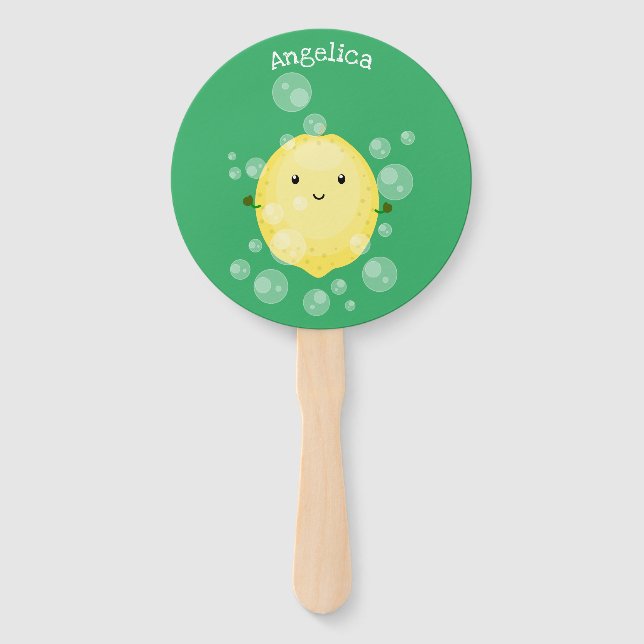 Cute lemon fruit cartoon bubbles illustration hand fan (Front)