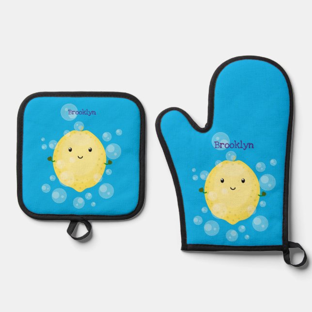 Cute lemon fruit cartoon bubbles illustration oven mitt & pot holder set (Front)