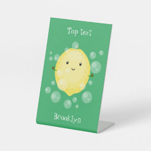 Cute lemon fruit cartoon bubbles illustration pedestal sign