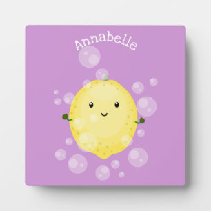 Cute lemon fruit cartoon bubbles illustration plaque