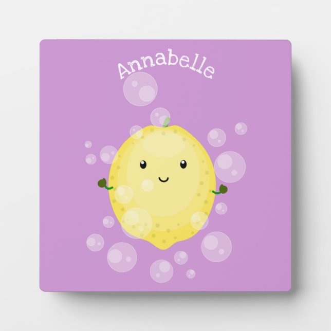 Cute lemon fruit cartoon bubbles illustration plaque (Front)