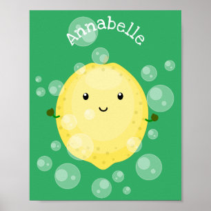 Cute lemon fruit cartoon bubbles illustration poster