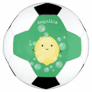 Cute lemon fruit cartoon bubbles illustration soccer ball