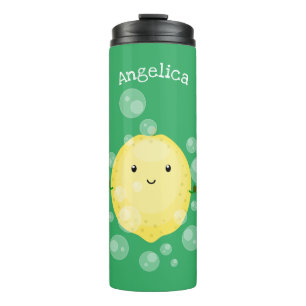 Cute lemon fruit cartoon bubbles illustration thermal tumbler