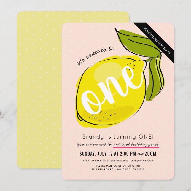 Cute Lemon Girl Pink Virtual 1st Birthday Invitation (Front/Back)
