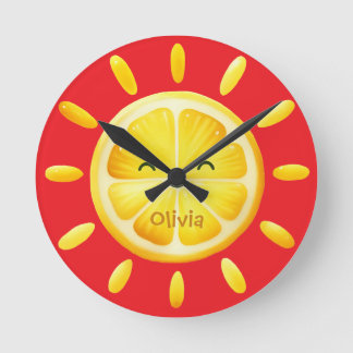 Cute Lemon Sun and Sunrays Round Clock