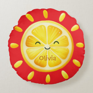 Cute Lemon Sun and Sunrays Round Pillow