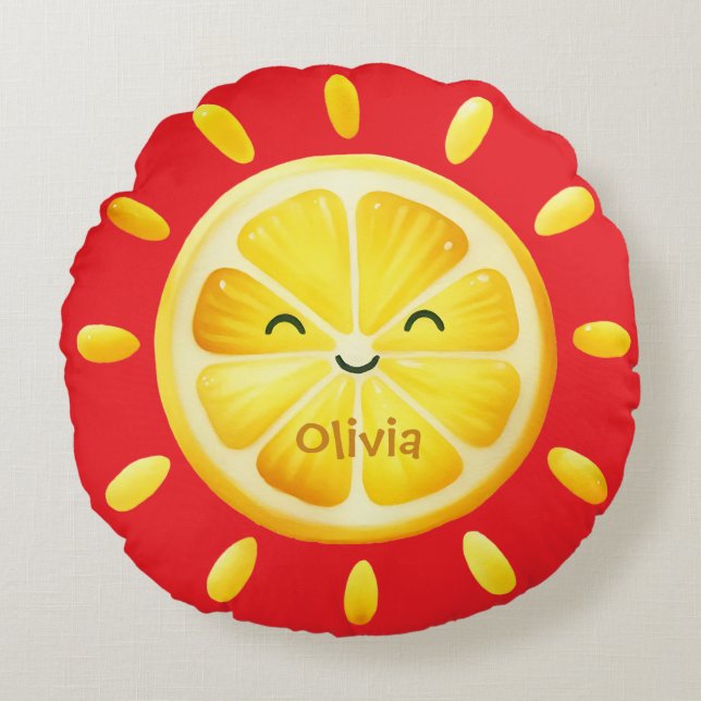 Cute Lemon Sun and Sunrays Round Pillow (Front)