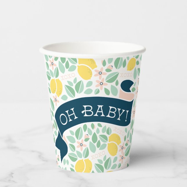 Cute Lemon Yellow Botanical Baby Shower Paper Cups (Front)
