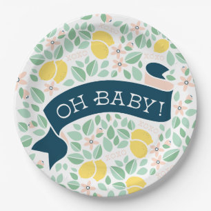 Cute Lemon Yellow Botanical Leaves Baby Shower Paper Plate