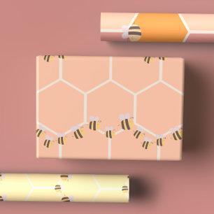 Cute Lemon Yellow & Peachy Orange Honeycomb & Bees Wrapping Paper Sheet