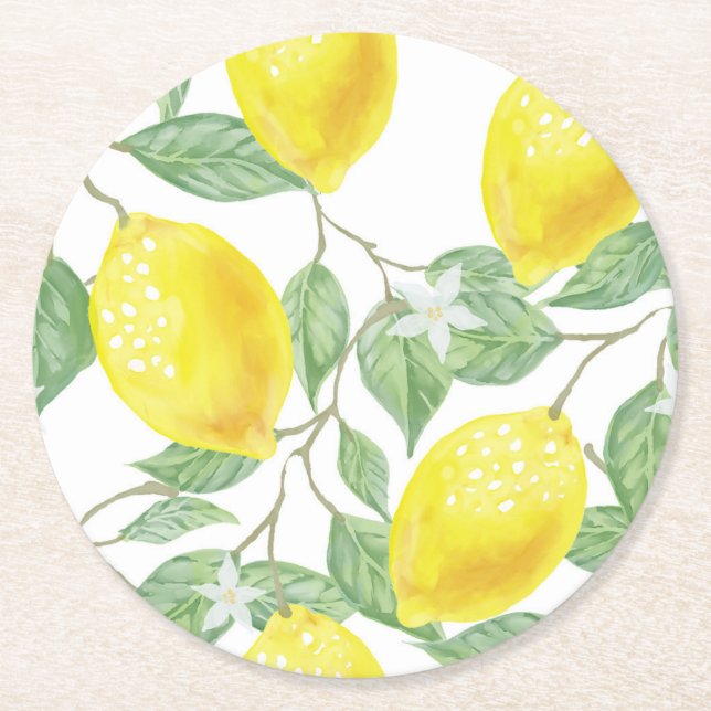 Cute Lemons and Leaves Paper Coaster (Front)