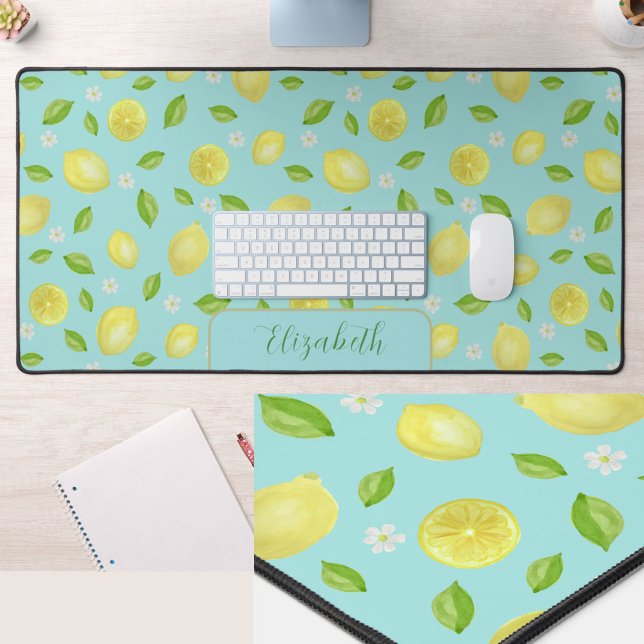 Cute Lemons Watercolor Teal Large Desk Mat (Creator Uploaded)