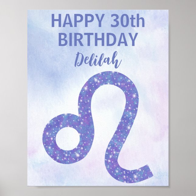 Cute Leo Astrology Custom Purple Birthday Party Poster (Front)