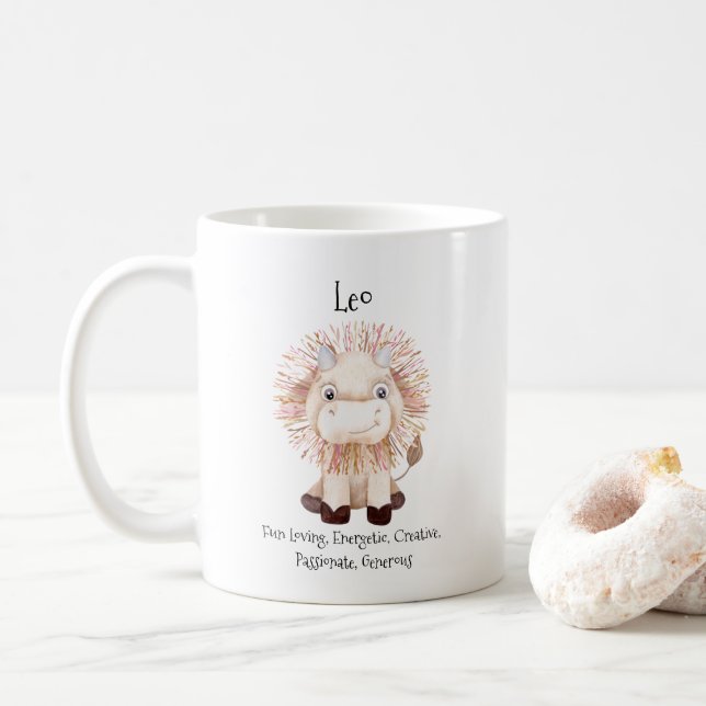Cute Leo Lion Watercolor Bull Zodiac Traits Coffee Mug (With Donut)