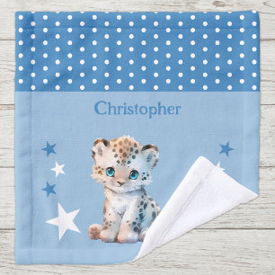 Cute leopard add name polka dots stars blue wash cloth