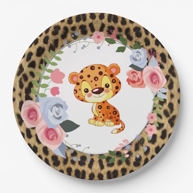 Cute Leopard Animal Print Baby Shower Paper Plate (Front)
