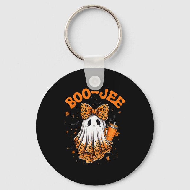 Cute Leopard Boo Jee Ghost Coffee Halloween Costum Keychain (Front)