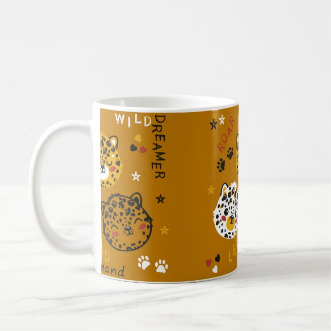 Cute Leopard Cat Face Drawing. Little Funny Cheeta Coffee Mug (Left)