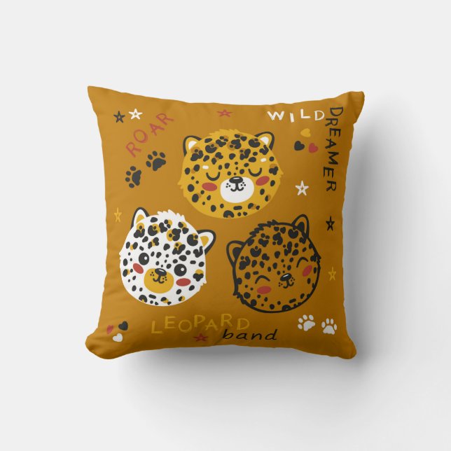 Cute Leopard Cat Face Drawing. Little Funny Cheeta Throw Pillow (Front)