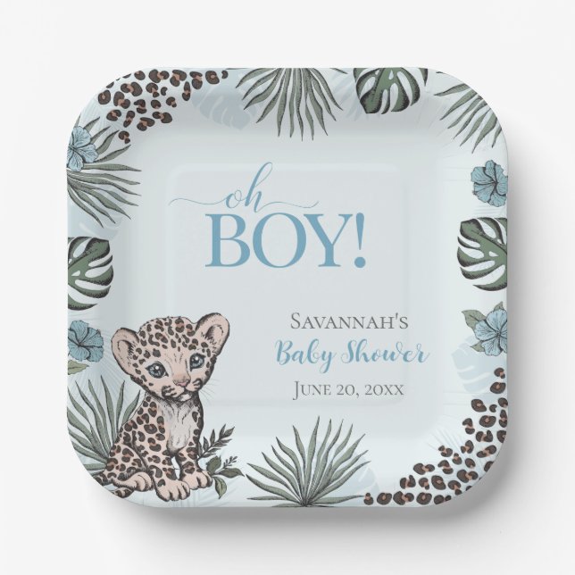 Cute Leopard Cub Blue Baby Shower Paper Plate (Front)