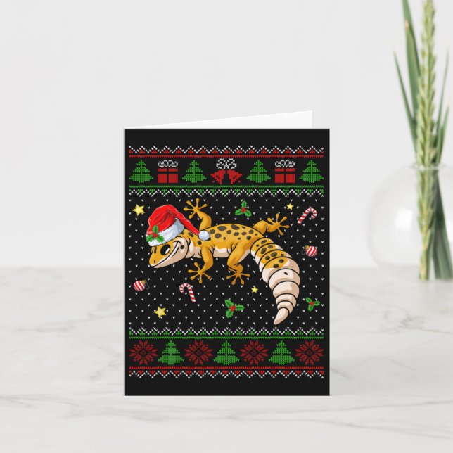 Cute Leopard Gecko Santa Hat Ugly Christmas Sweate Card (Front)