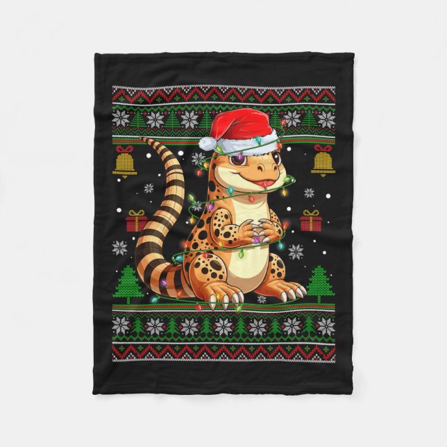 Cute Leopard Gecko Santa Hat Ugly Christmas Sweate Fleece Blanket (Front)