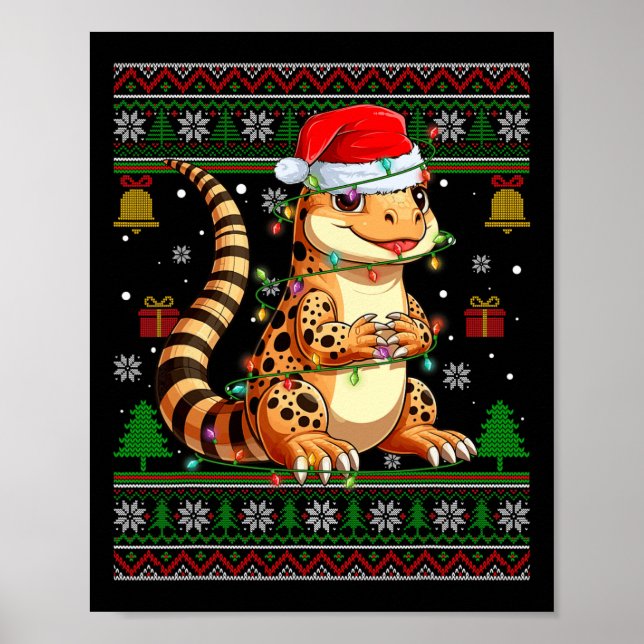 Cute Leopard Gecko Santa Hat Ugly Christmas Sweate Poster (Front)