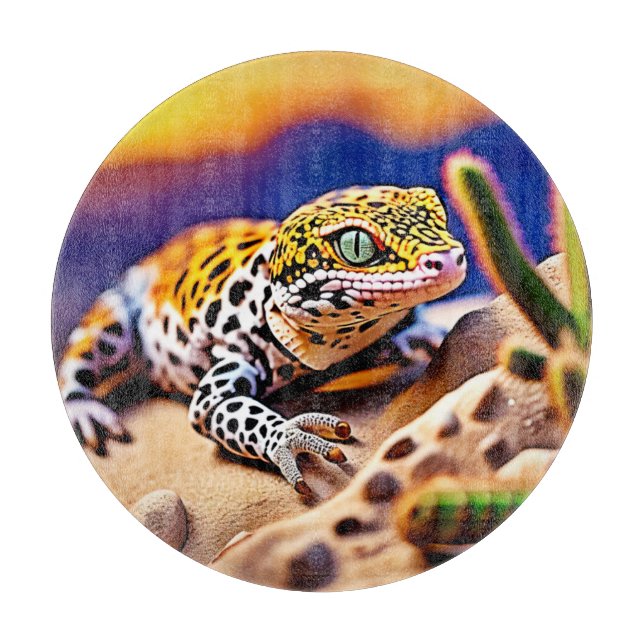 Cute Leopard Gecko Sunset Desert Design Cutting Board (Front)