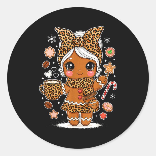 Cute Leopard Gingerbread Girl Coquette Bow Holiday Classic Round Sticker (Front)