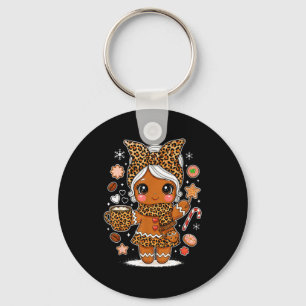 Cute Leopard Gingerbread Girl Coquette Bow Holiday Keychain