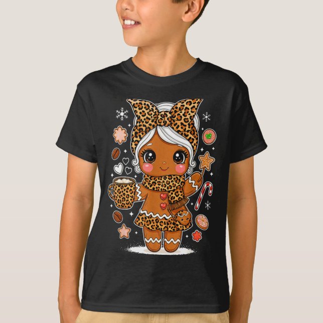 Cute Leopard Gingerbread Girl Coquette Bow Holiday T-Shirt (Front)