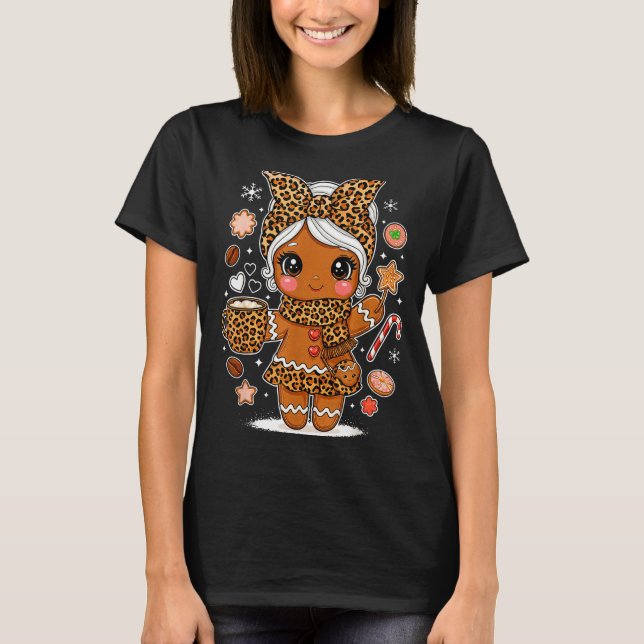 Cute Leopard Gingerbread Girl Coquette Bow Holiday T-Shirt (Front)