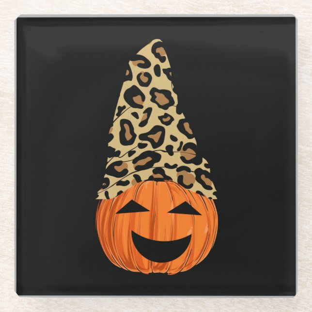 Cute Leopard Hat Pumpkin Glass Coaster (Front)