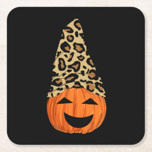 Cute Leopard Hat Pumpkin Square Paper Coaster