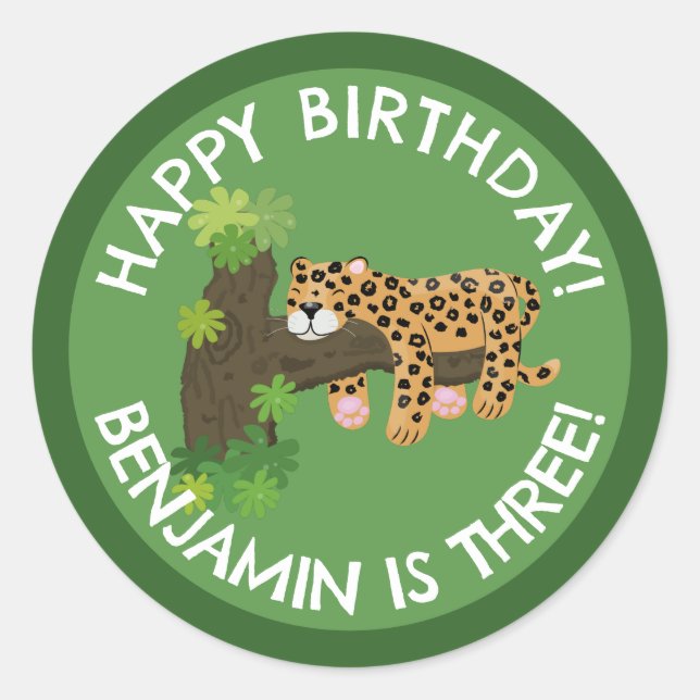 Cute leopard personalized cartoon birthday classic round sticker (Front)