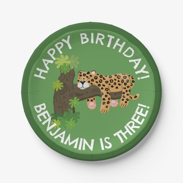 Cute leopard personalized cartoon birthday paper plate (Front)